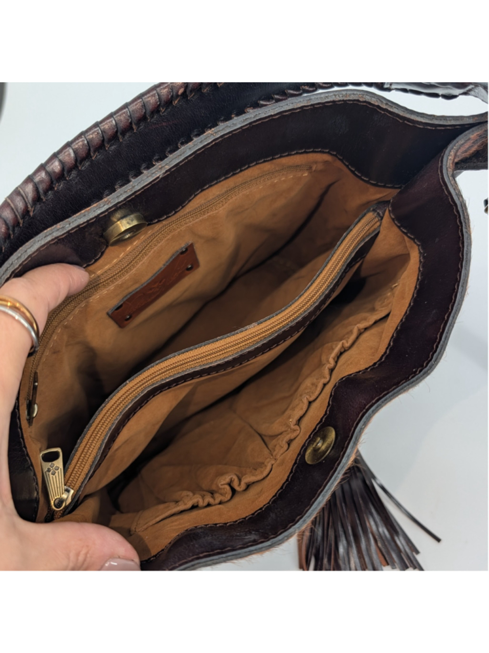 Patricia Nash Torresina Leopard Calf Hair Leather Bucket Bag Crossbody Tassels - Picture 14 of 16